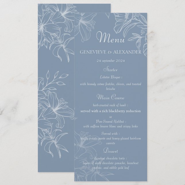 Modelo de Menu de Casamento Floral Lírio Branco Az (Frente/Verso)