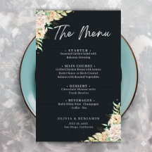 Modelo de Menu de Casamento Floral Preto Elegante