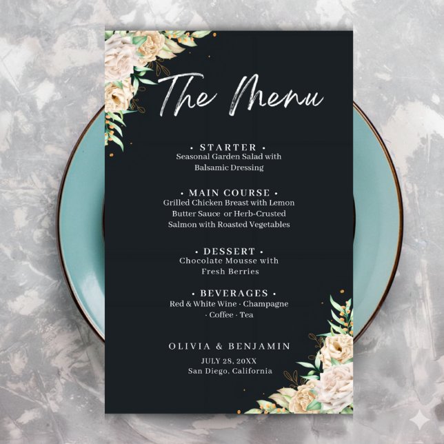 Modelo de Menu de Casamento Floral Preto Elegante (Criador carregado)
