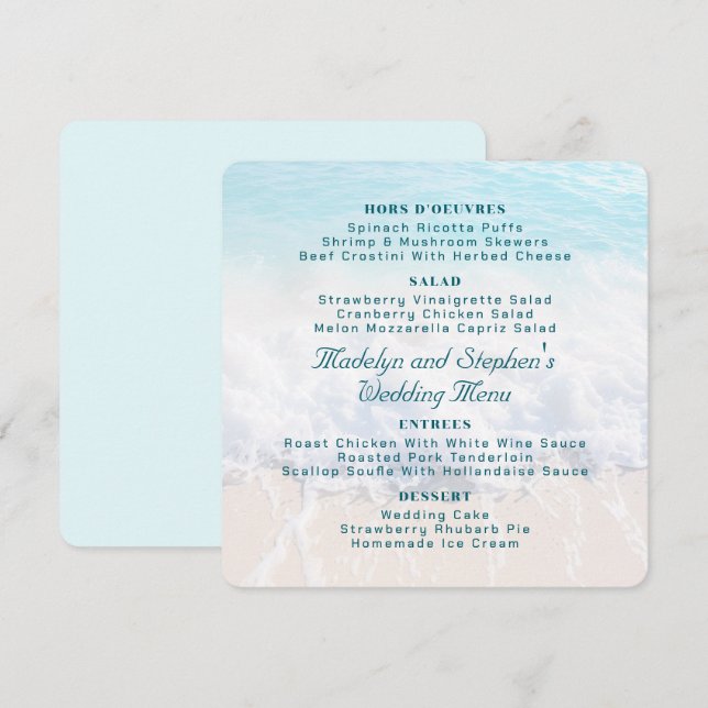 Modelo de menu de casamento na praia com fundo qua (Frente/Verso)