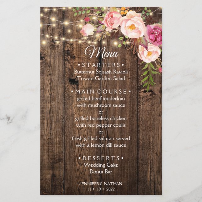 Modelo de menu de Casamento Rustic Boho Floral Cou (Frente)