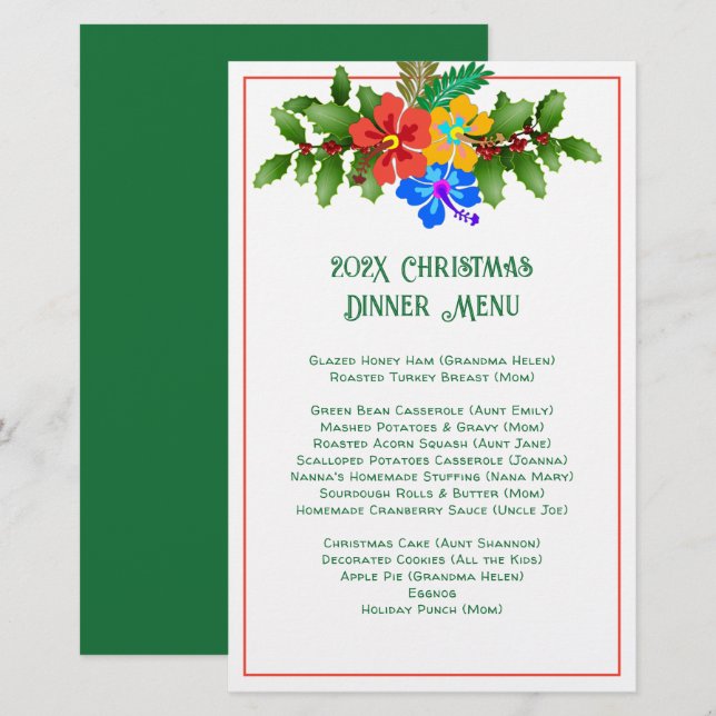 Modelo de Menu de Hibisco para Jantar de Natal em  (Frente/Verso)