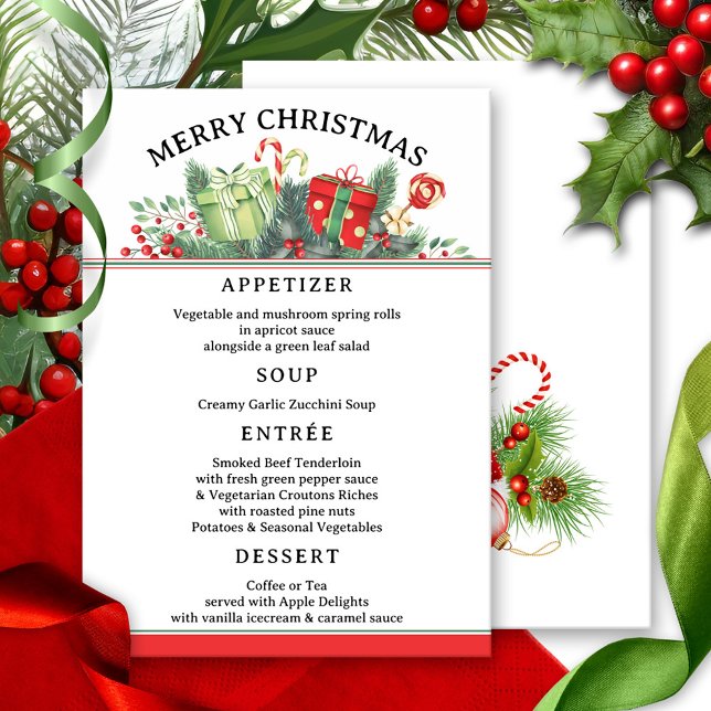 Modelo de Menu Natal Clássico Whimsical (Christmas menu card featuring a festive classic design in red and green with pine twigs and berries)