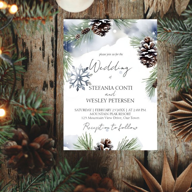 modelo de pinheiros de neve com aquarela casamento (Winter wedding watercolor snowy pines pine cones editable template invitation digital download)