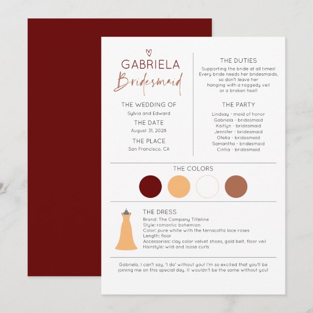 Modelo de placa de proposta e informações da Bride (Frente/Verso)