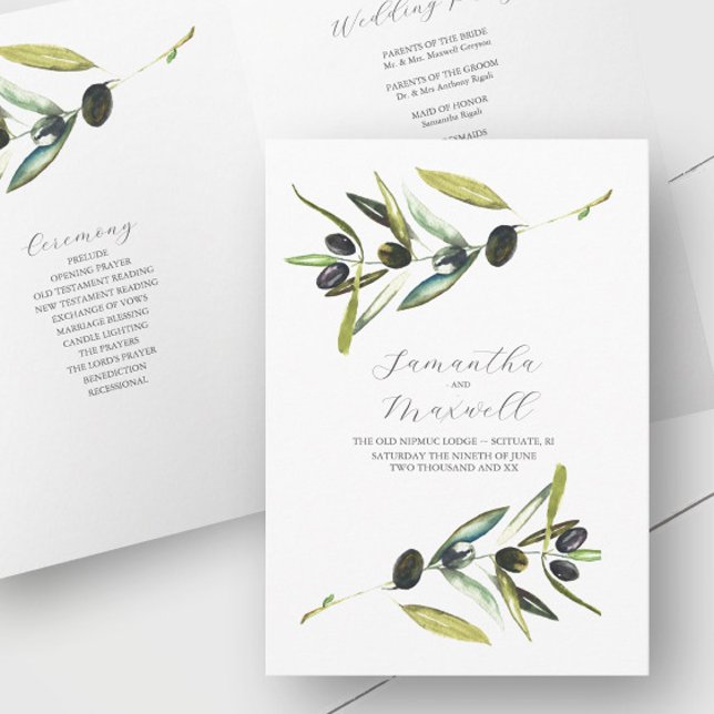 Modelo de Programa de Casamento Aquarela Oliva Dob (Rustic wedding program watercolor olive branch art by Victoria Grigaliunas of Do Tell A Belle)