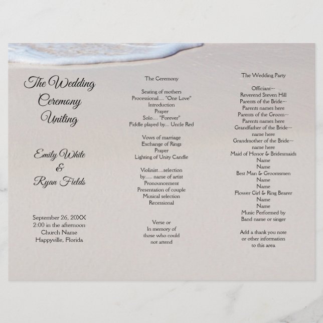 Modelo de Programa de Casamento Tri-Fold Areia de  (Frente)