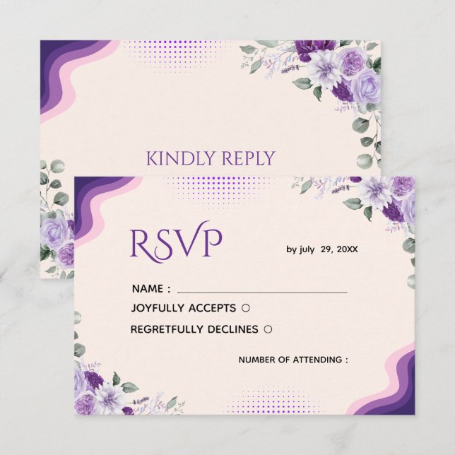 Modelo de RSVP Floral Lavanda e Roxo Elegante (Frente/Verso)