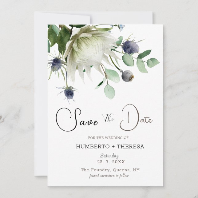 Modelo de Save The Date com Flores de Cardo (Frente)