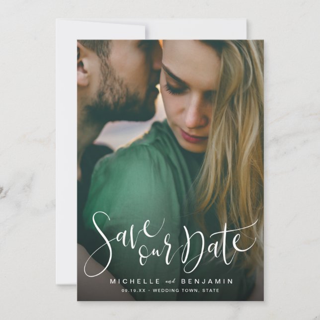 Modelo de save the date com foto de casamento em l (Frente)