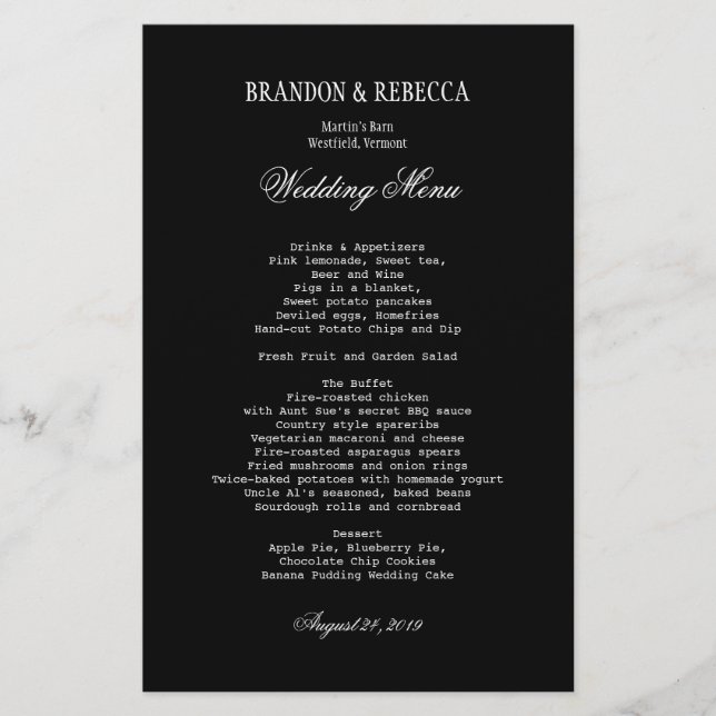 Modelo de Texto Branco do Menu de Casamento Negro (Frente)