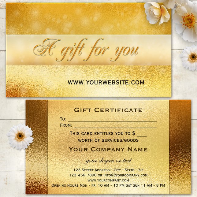 Modelo do Certificado de Presente do Bokeh de Espu (Gift certificate business card featuring festive gold and bokeh sparkles)