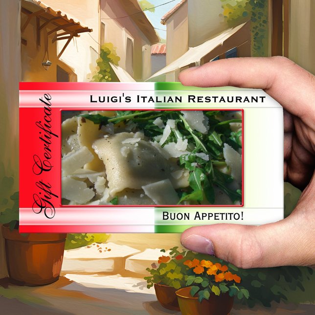 Modelo do Certificado de Presente do Restaurante I (Gift certificate template for an Italian restaurant in the colors of the Italian flag - QR code)