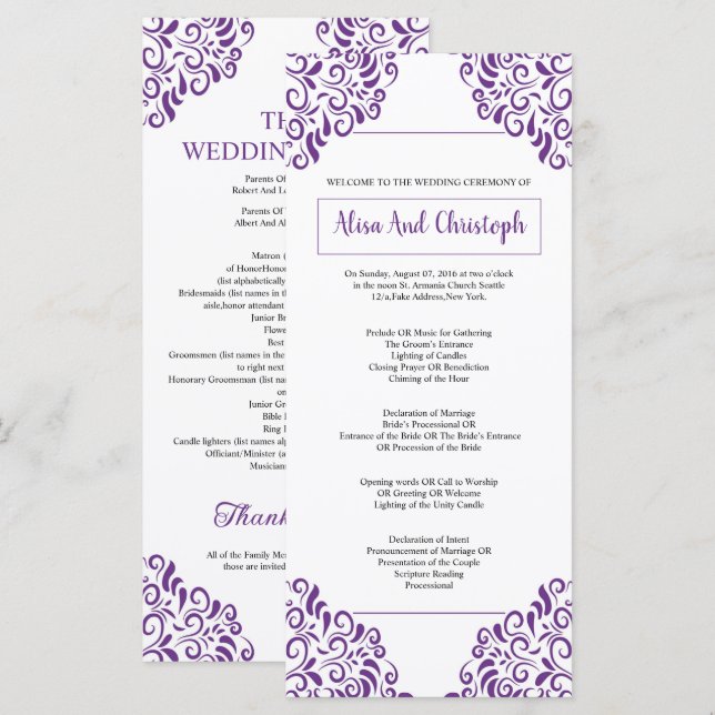 Modelo do Programa de Cerimônia de Casamento (Frente/Verso)