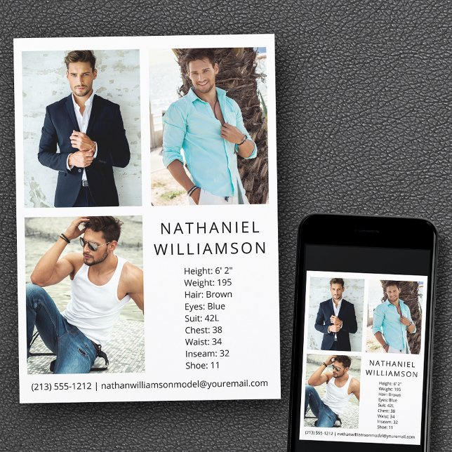 Modelo Pro Moderno e Cartão Comp Ator 3 Fotografia (Customize to change background color, text size, style or to add more photos to back of card.)