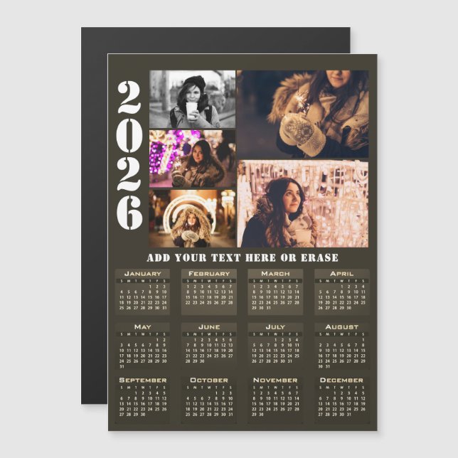 Modern 2026 Calendar 5 Photo Collage Magnet Card (Frente/Verso)