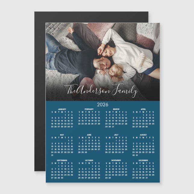 Modern 2026 Calendar Family Photo Blue Magnet (Frente/Verso)