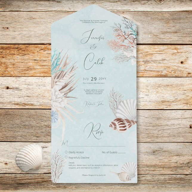 Modern Aqua Ocean Concha Sem Casamento Jante (Modern Aqua Ocean Shells No Dinner Wedding All In One Invitation)