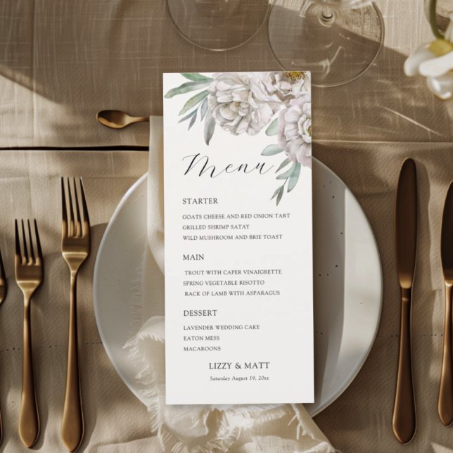  Modern beige & Off White Floral Wedding Menu (Criador carregado)
