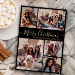 Modern Black 5 Photo Collage Christmas<br><div class="desc">Cartões-postais de Feriado de Natal Elegante, Preto Moderno e Dourado com 5 Fotografias Feriadas Feriadas Feriadas Feriadas Feriadas Feriais. Este modelo festivo, minimalista e cômico de cinco (5) cartões de natal de fotográfico apresenta uma bonito colagem fotográfica e diz "Feliz Natal"! O texto de saudação do "Feliz Natal" é escrito...</div>