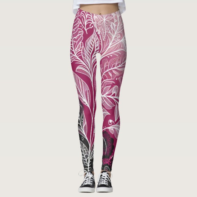 Modern Black and Pink Floral and Leaf Leggings (Frente)