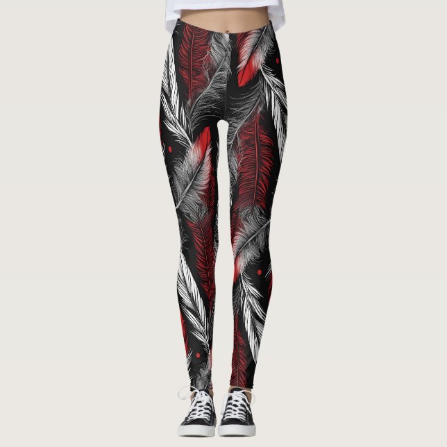 Modern Black and Red Feather Design Leggings (Frente)