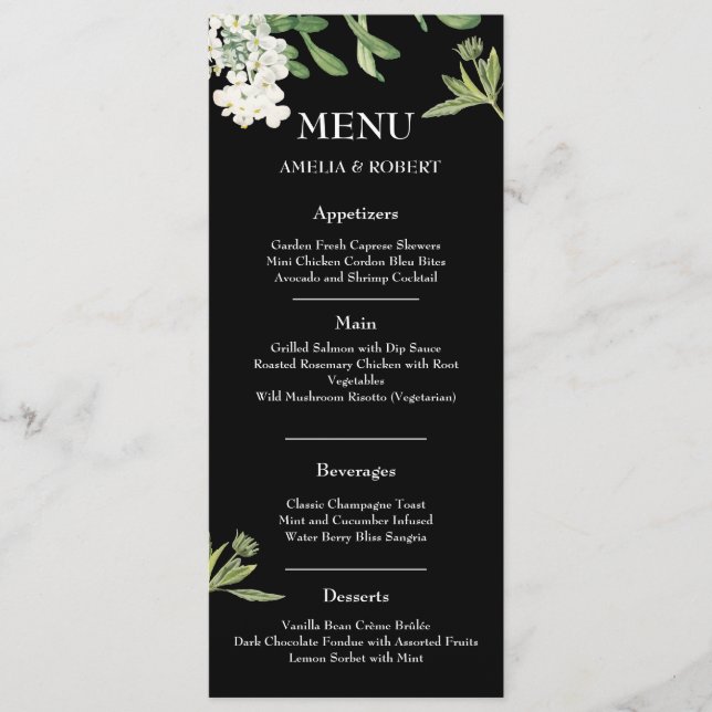 Modern Black and White Floral Wedding Menu Card (Frente)