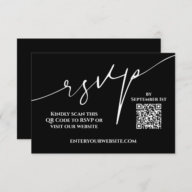 Modern Black and White QR Code Wedding RSVP (Frente/Verso)