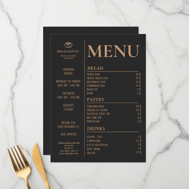 Modern Black Bakery, Menu de Mesa Caffee (Frente/Verso In Situ)
