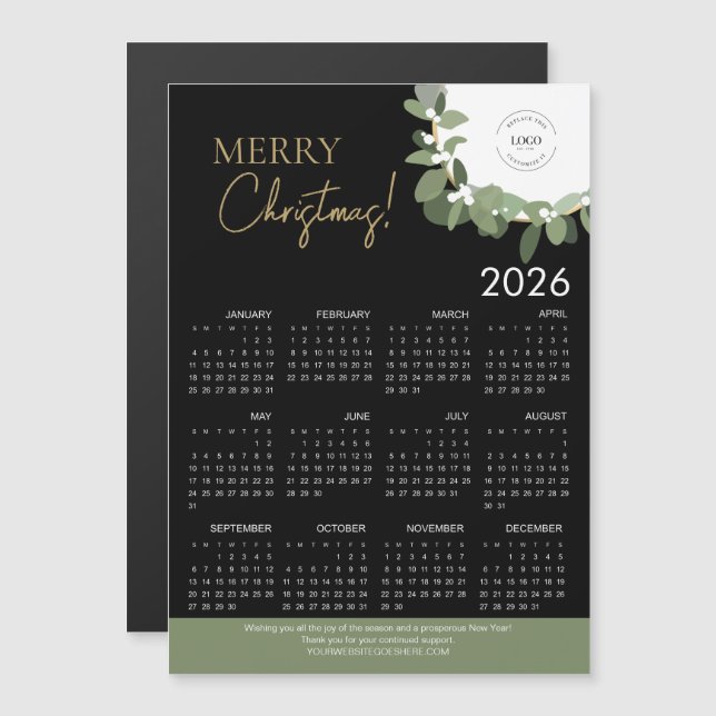 Modern Black & Gold Merry Christmas 2026 Calendar (Frente/Verso)