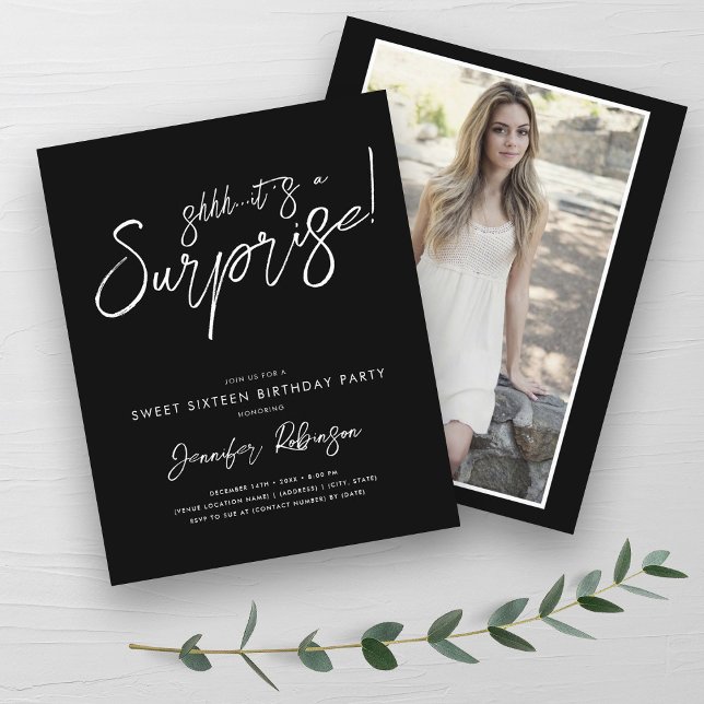 Modern Black White Surprise Sweet 16 Invites (Modern Black White Surprise Sweet 16 Invites )