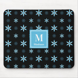Modern Blue Geometric Floral Monogram Mouse Pad