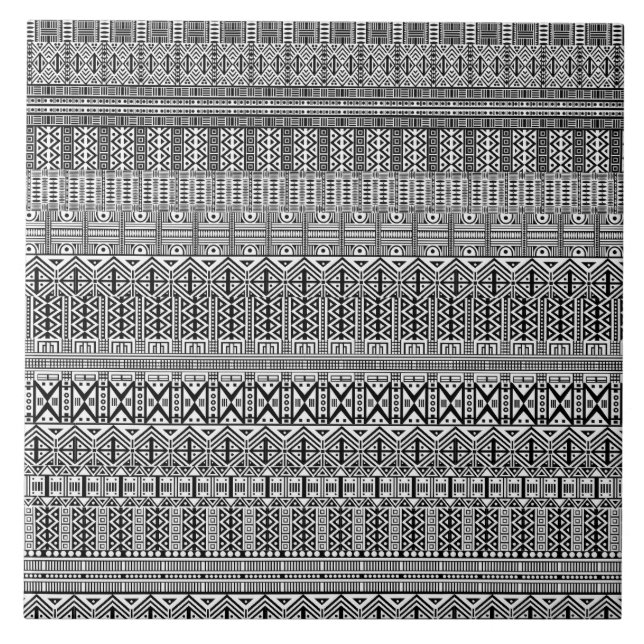 Modern Boho Black and White Pattern Strips Doodles (Frente)
