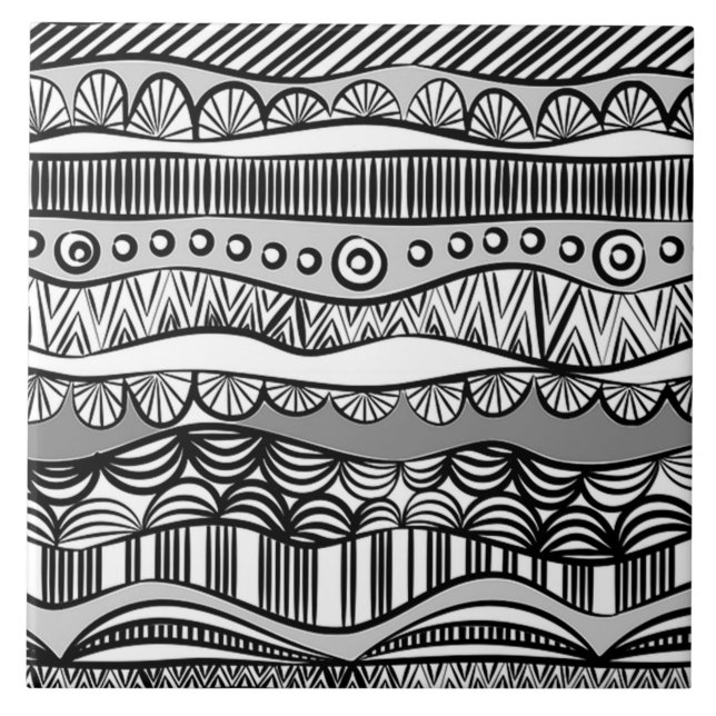 Modern Boho Black and White Pattern Strips Doodles (Frente)