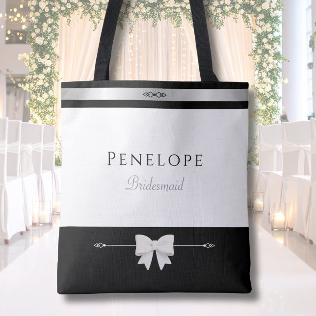 Modern Bridesmaid Gift | Luxury Typography Tote (Elegant personalized Bridesmaid gift tote bag featuring luxury typography in a bridal suite)
