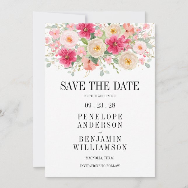 Modern Bright Pink Floral Wedding Save The Date (Frente)
