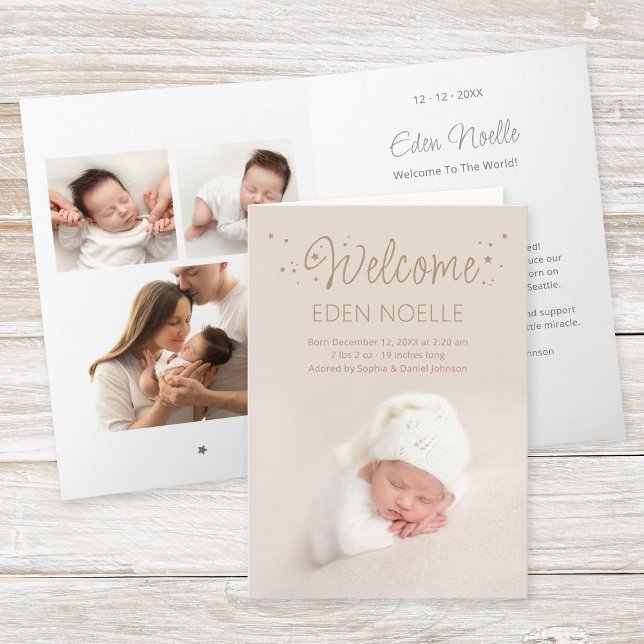 Modern Brown Stars Birth Anúncio de Nascimento Car (Modern, elegant brown calligraphy "Welcome" with stars birth announcement folded photo collage card.)