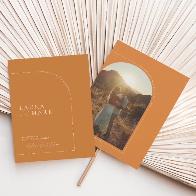 Modern Brunt Orange Arch Photo Save The Date (Foto (Criador carregado)