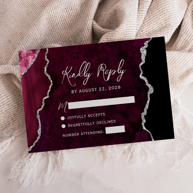 Modern Burgundy Agate Silver Script Wedding RSVP (Criador carregado)