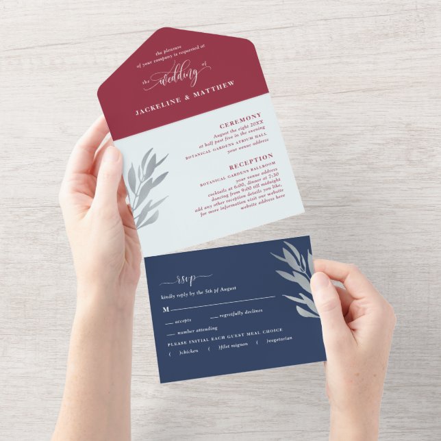 Modern Burgundy, Casamento Azul com RSVP Perfurado (Aba destacável)