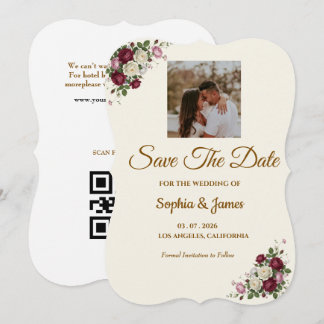 Modern Burgundy Floralm Photo Save the Date card