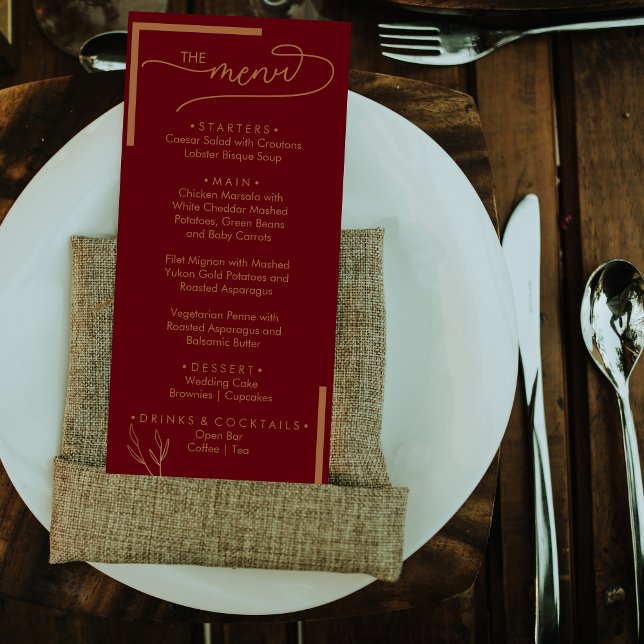 Modern Burgundy Golden Leaflet Monogram Flat Menu (Criador carregado)