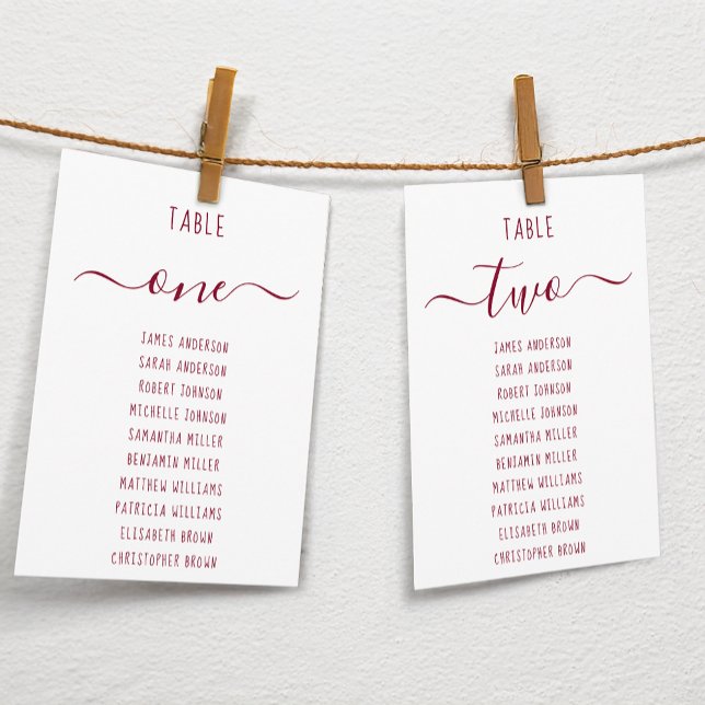 Modern Burgundy Script White Seating Chart Card (Criador carregado)