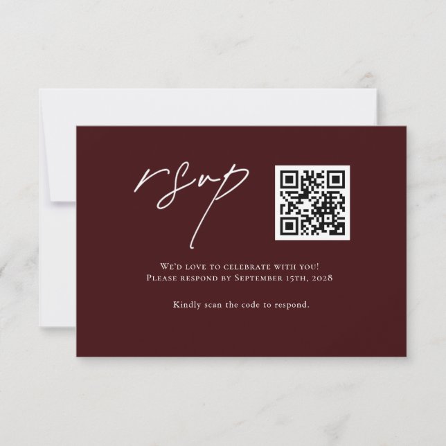 Modern Burgundy Wedding RSVP Card with QR Code (Frente)