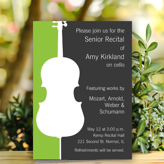 Modern Cello Convite Considerando - Verde e Cinzas (Cello themed recital invitation template.)