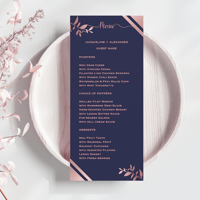 Modern Chic Navy Blue Wedding Menu with Guest Name (Modern Chic Navy Blue Wedding Menu with Guest Name)