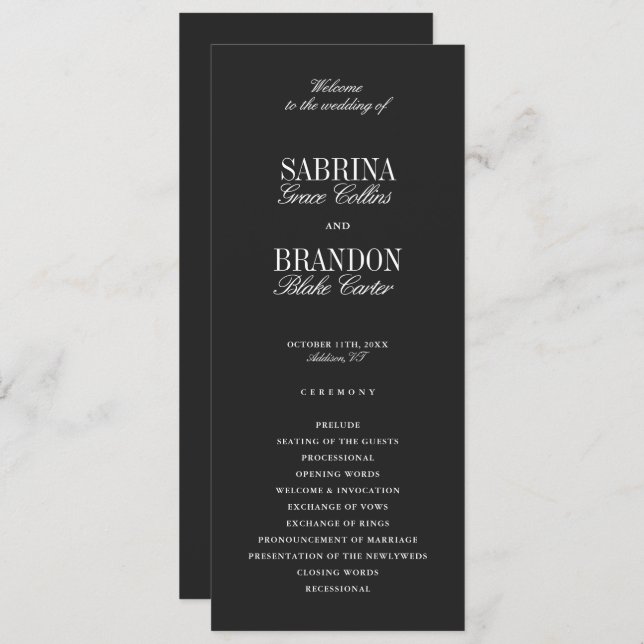 Modern Classic Black Wedding Ceremony Program (Frente/Verso)