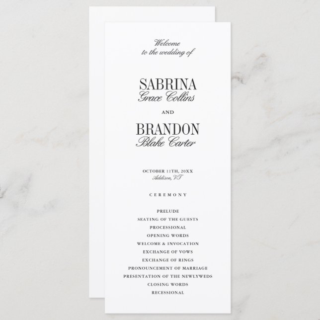 Modern Classic Black Wedding Ceremony Program (Frente/Verso)
