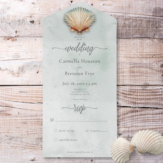 Modern Coastal Seashell Aqua Watercolor Sem Janto (Modern Coastal Seashell Aqua Watercolor No Dinner All In One Invitation)