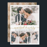 Modern Collage Casada e Feliz Cartão de Natal<br><div class="desc">Caligrafia Elegante Moderna Branca e Caligrafia Dourada 4 Fotocolagem Casada e Feliz Cartão de Natal. Esta nova carta de natal festiva e mimalista apresenta quatro (4) colagens de fotos em grade e texto de saudação "Casado e Feliz", que é escrito em um belo tipo de letra branco e branco, com...</div>